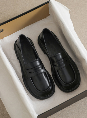 黑色英伦小皮鞋女厚底2025春季新款一脚蹬粗跟乐福鞋圆头两穿