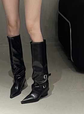 皮带扣~裤筒靴粗跟靴子长靴女欧美辣妹高筒靴尖头黑色裤管靴炸街