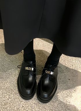 羊皮版~真皮锁扣黑色复古圆头乐福鞋女粗跟英伦风小皮鞋牛津单鞋