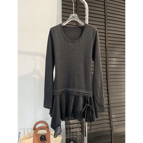 时尚设计感拼接蕾丝系带中长小衫