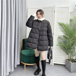 韩版时尚百搭圆领排扣黑色A版宽松通勤显瘦中长款白鸭绒羽绒服女