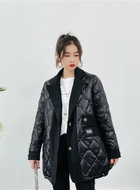拼接菱格棉服百搭个性外套薄西服