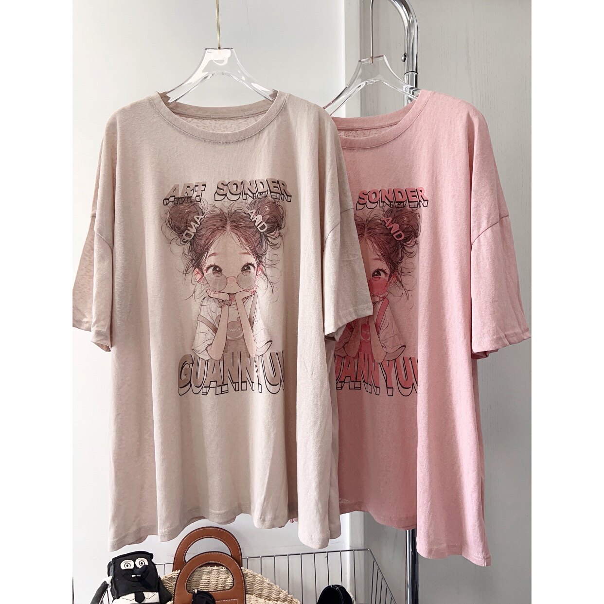 夏装新款韩版甜美减龄百搭卡通印图圆领T恤宽松显瘦竹节棉上衣女