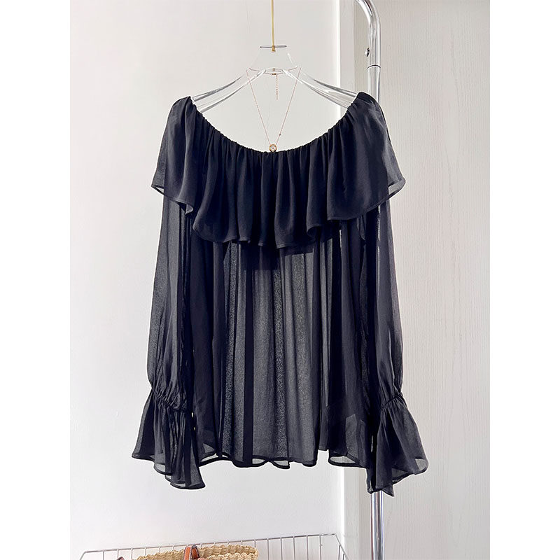 夏装新款时尚简约设计感荷叶领一字肩长袖真丝雪纺衬衫防晒上衣女