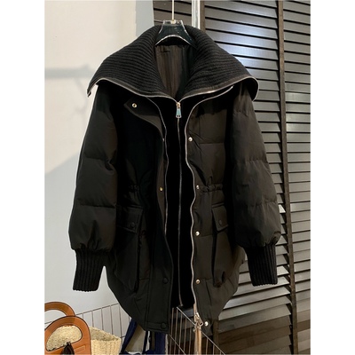 时尚宽松中长拼针织假两件羽绒服