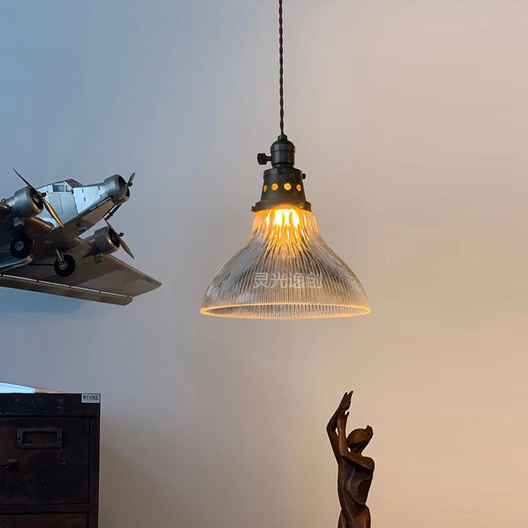 中古wuone灵光逸创 玻璃罩吊灯单头复古灯餐灯老式灯条纹灯罩