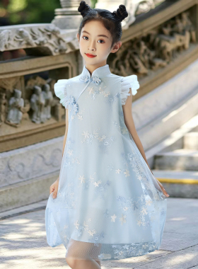 女童新中式旗袍儿童唐装夏薄款蓝色女孩中国风汉服演出服2026新款