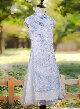 新中式女童旗袍2026新款淡蓝色国风汉服连衣裙儿童古筝演出服夏季