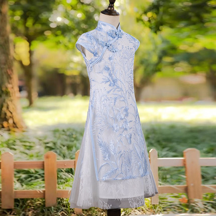 新中式女童旗袍2026新款淡蓝色国风汉服连衣裙儿童古筝演出服夏季