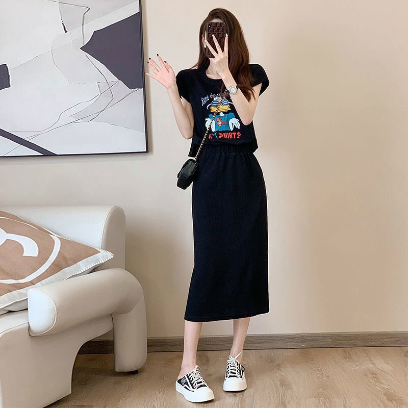 韩版复古印花收腰褶皱连衣裙女2025夏季小个子遮肉显瘦休闲t恤裙