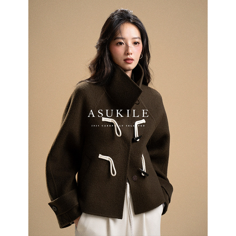 【可可生巧】ASUKILE上心 双面羊毛短款小个子女牛角扣毛呢外套