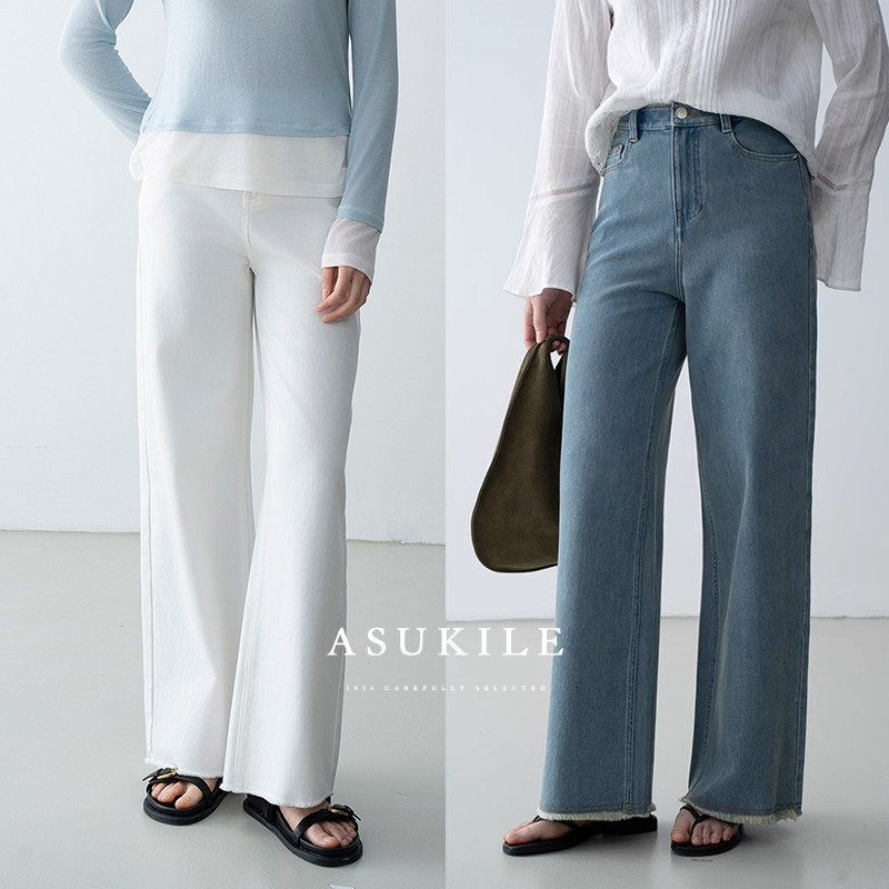 【霜落】ASUKILE上心 白色蓝色流苏毛边直筒阔腿显瘦显高牛仔裤女