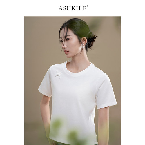 ASUKILE上心 【木兰】 新中式盘扣轻国风白色2024新款短袖t恤女