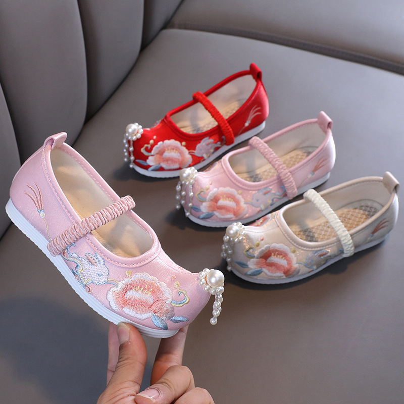汉服绣花鞋女童老北京儿童布鞋牛筋底舞蹈鞋中国风古装刺绣童鞋子