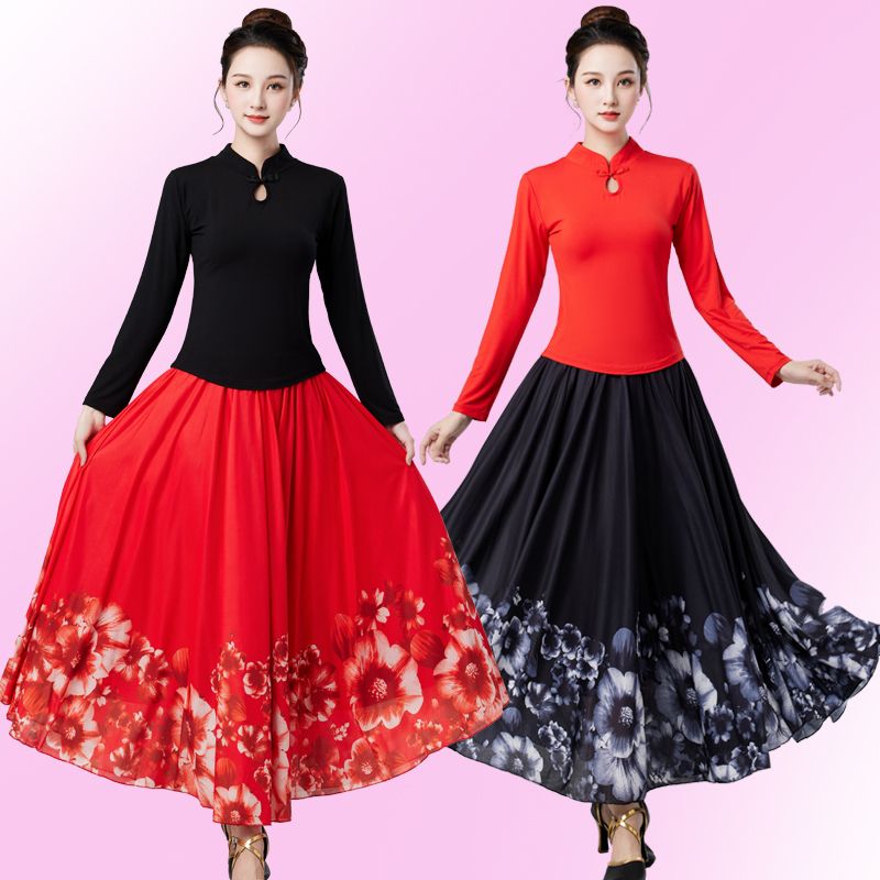 广场舞服装套装春秋季新款长袖民族风两件套修身长款大摆裙跳舞裙
