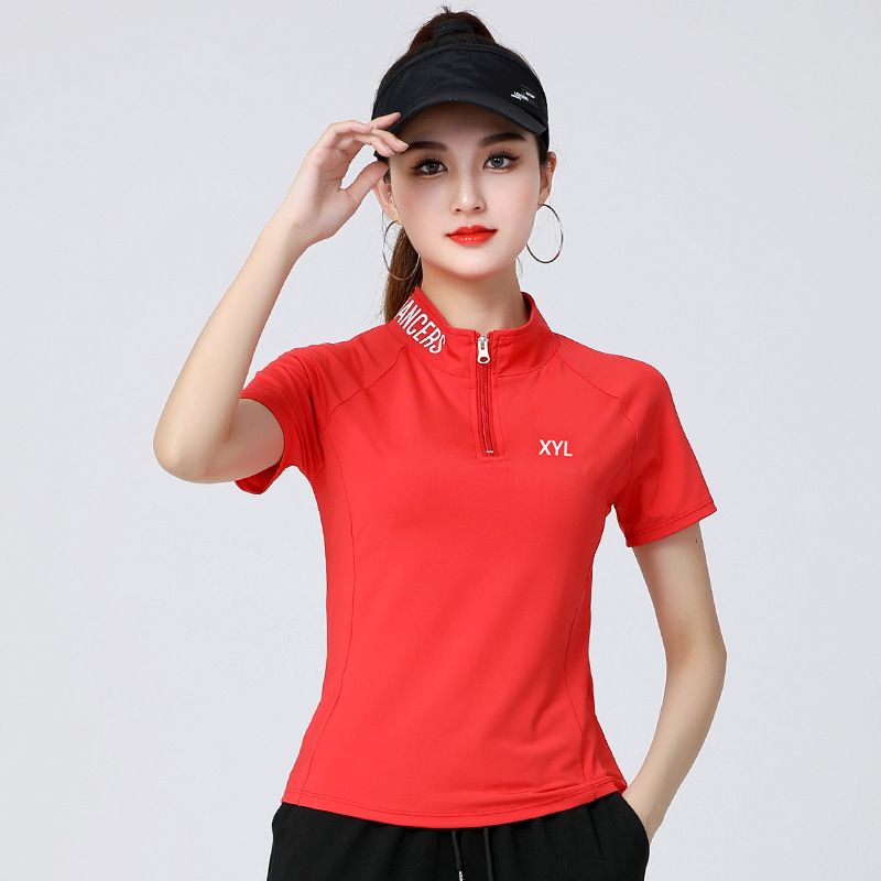 大码新款广场舞短袖袖上衣速干运动服高领跳舞立领跑步服红色