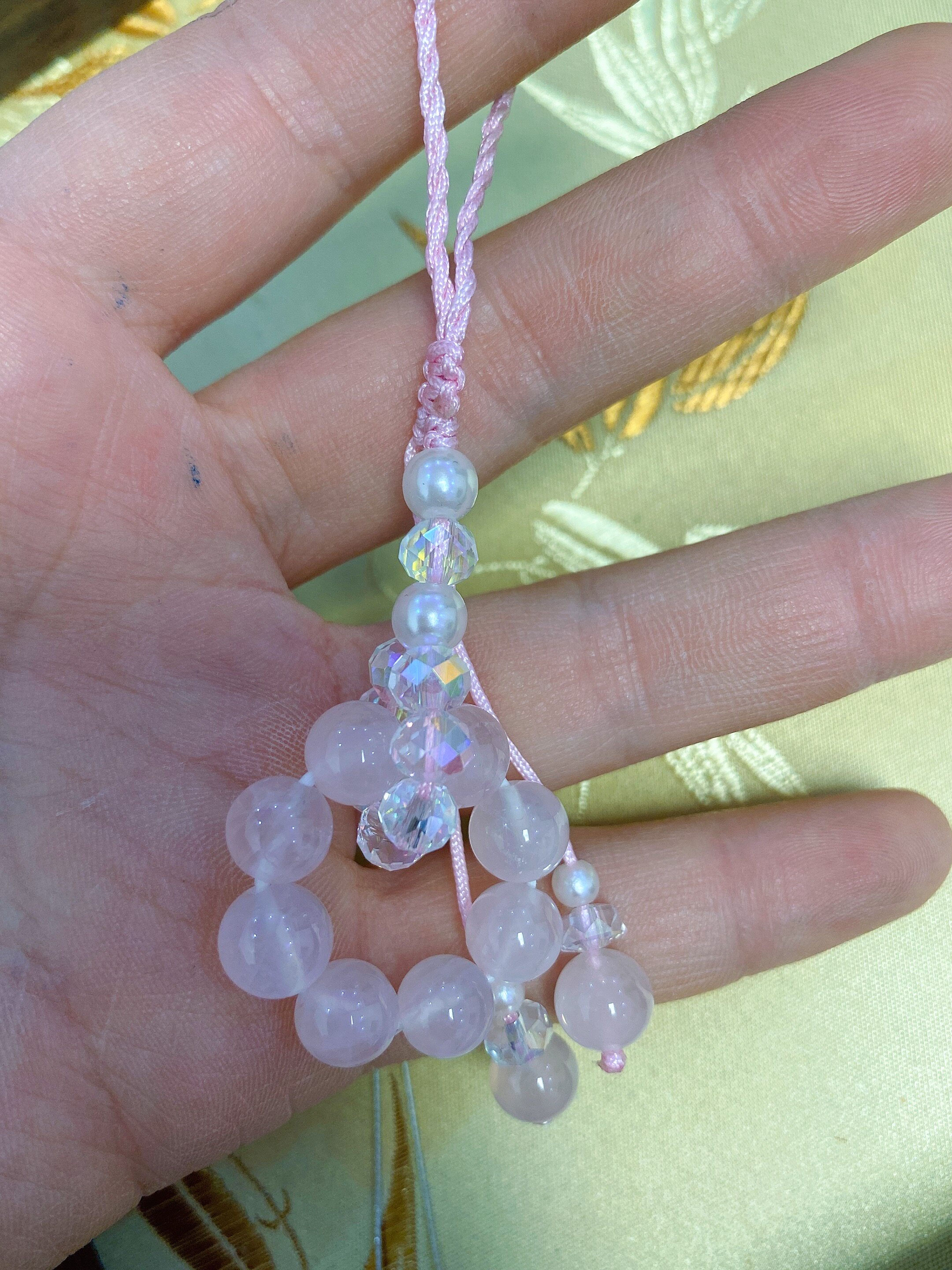 小清新粉水晶桃花粉桃子甜甜奥地利手机吊坠挂件挂绳手工编织珠子