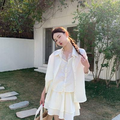 IMAO（YIMAO）-早春休闲防晒套装女衬衫+半身裙慵懒两件套装20930