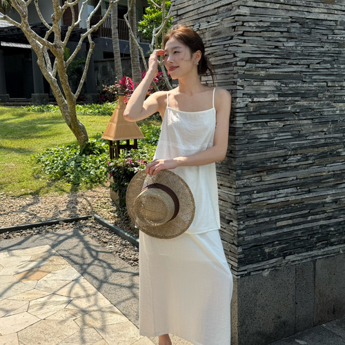 MOOTEA-休闲简约女通勤气质吊带+半身裙两件套套装(配腰绳)57815