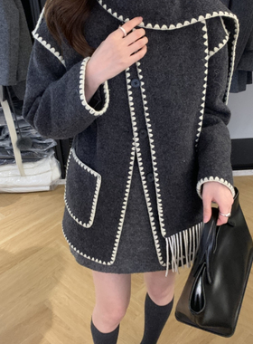 IMIZ-冬上新小香风撞色线迹设计感保暖羽绒服外套(配围巾)35027