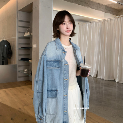 IMISS-26年春款上新韩系翻领宽松中长款牛仔外套(配腰绳)R6066