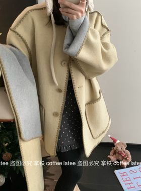 拿铁-感撞色明线双面穿羊毛外套(配围巾)(含67.7绵羊毛)A14088W01