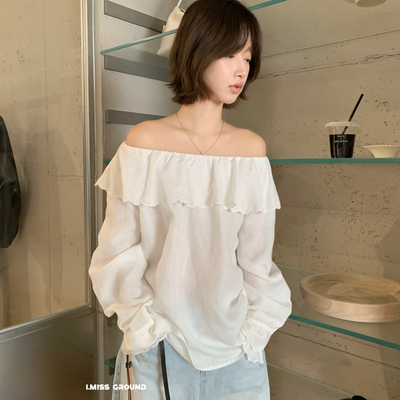 IMISS-质镂空花边荷叶边天丝麻小衫(麻料有麻结麻点为正常)R90598