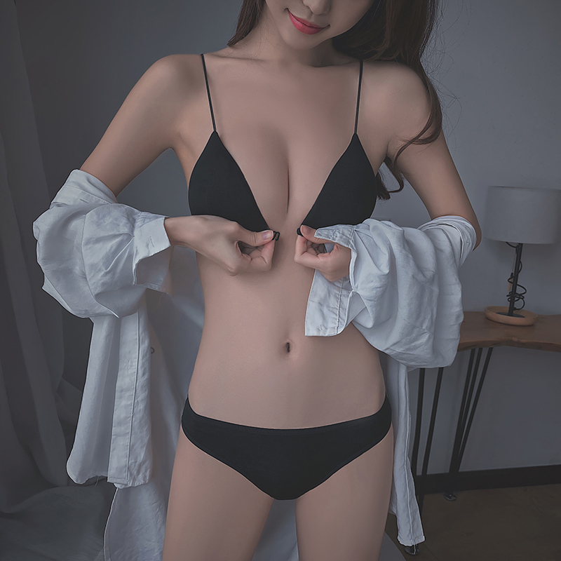 性感惑无钢圈内衣女聚拢小胸罩超薄款夏法式美背吊带前扣文胸套装