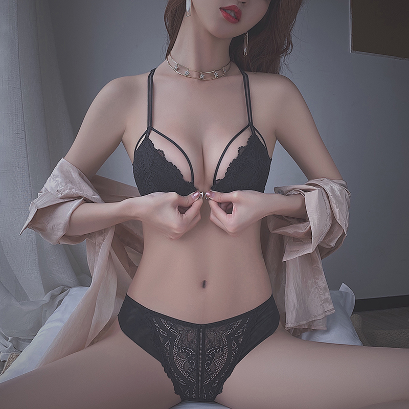 前扣文胸美背半杯聚拢小胸性感蕾丝内衣有钢圈厚调整型内裤一套装