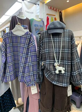 2026冬季新款韩版复古宽松格子百搭圆领套头毛呢上衣女加厚卫衣潮