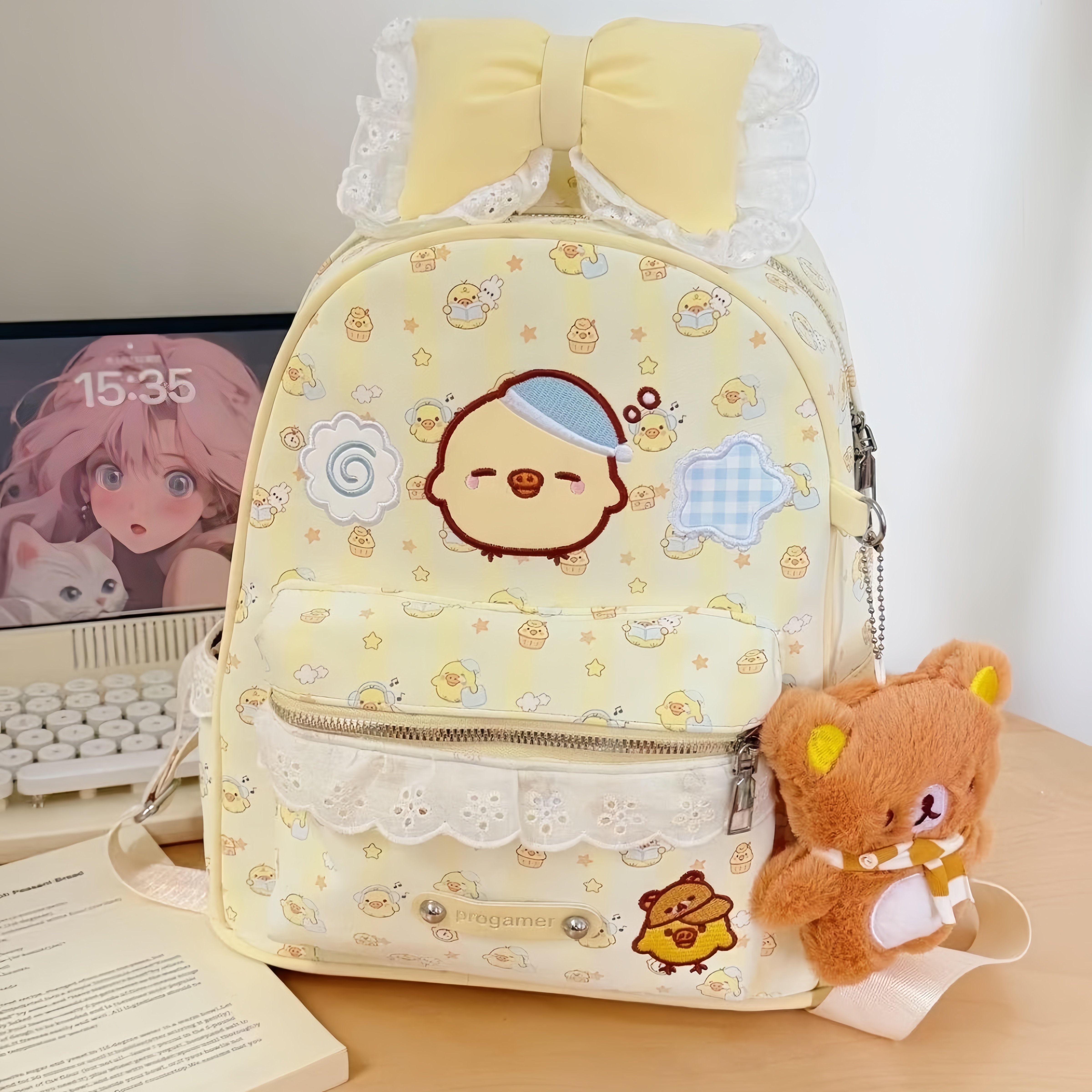 蕾丝卡通新款轻松熊小黄鸭双肩包韩系蝴蝶结少女学生轻便书包背包