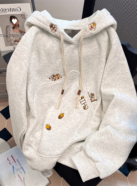 纯棉设计感可爱卡通刺绣连帽卫衣春秋冬新款显瘦加绒加厚上衣