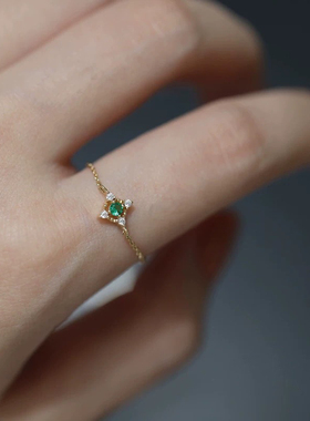 惊小鸿S925纯银镀14K金祖母绿链条戒指可调节复古小众设计手饰