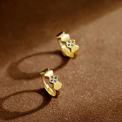 惊小鸿S925银镀18K金耳环蜂巢蓝锆石耳扣小众时尚耳饰通勤耳环