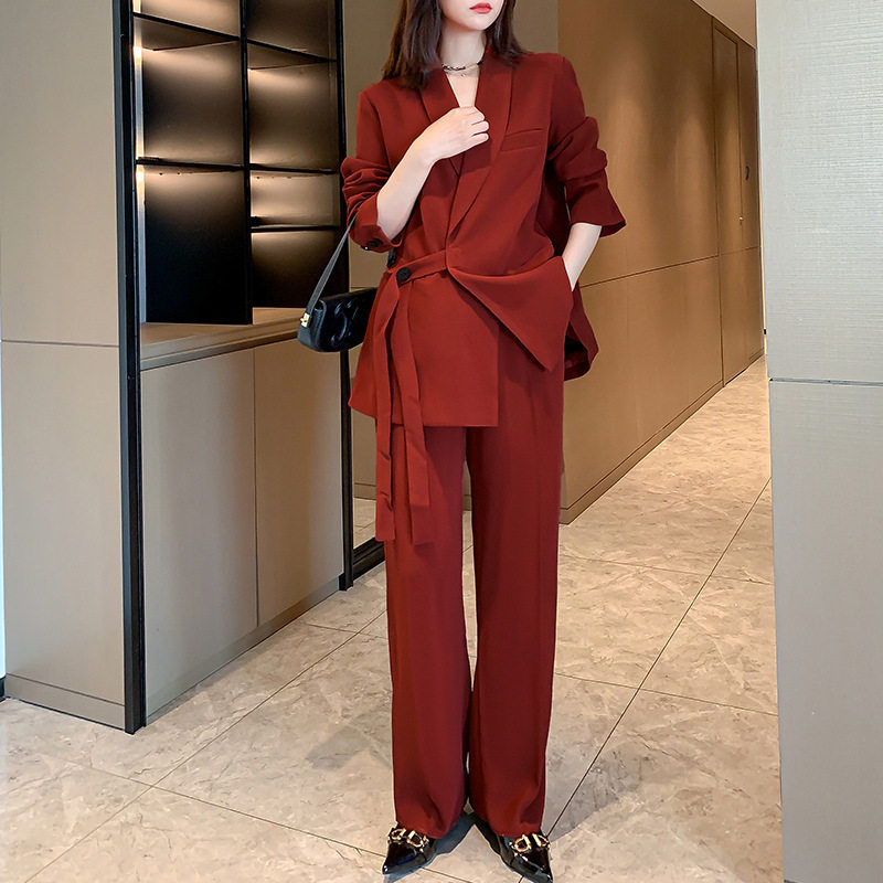 2024春秋新款大码女装西装套装胖mm宽松休闲系带阔腿裤两件套