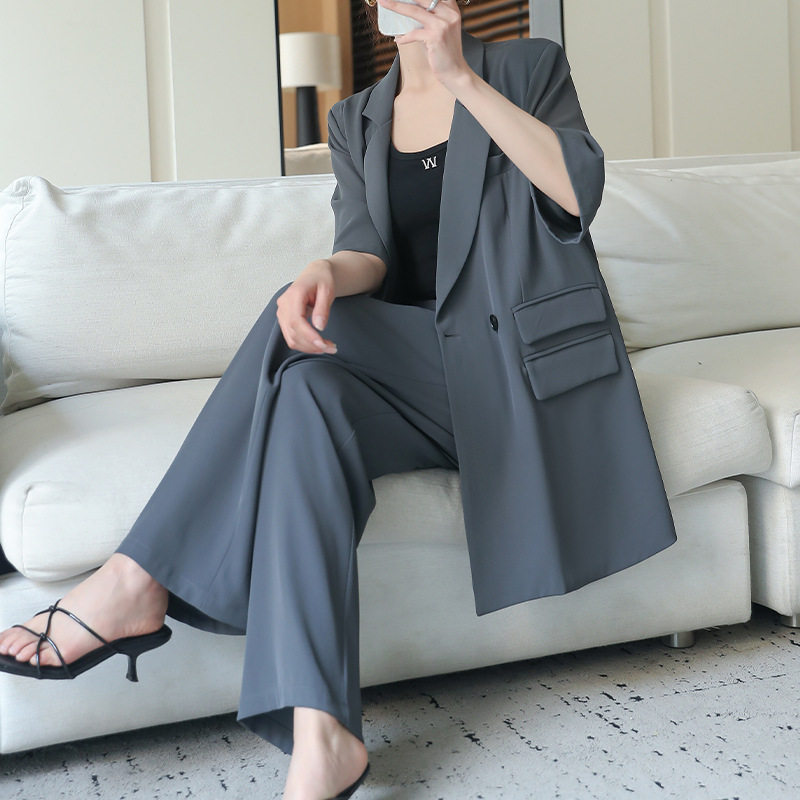 夏季大码薄款灰色西装套装女胖mm气质休闲阔腿裤两件套2535款
