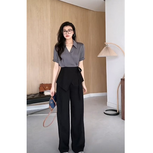 时尚 领阔腿裤 套装 胖mm灰色拼接上衣衬衫 两件套2599 女韩版 大码