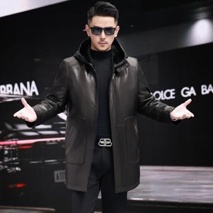 真皮皮衣男中长款连帽水貂内胆派克服整貂皮毛一体大衣山羊皮夹克