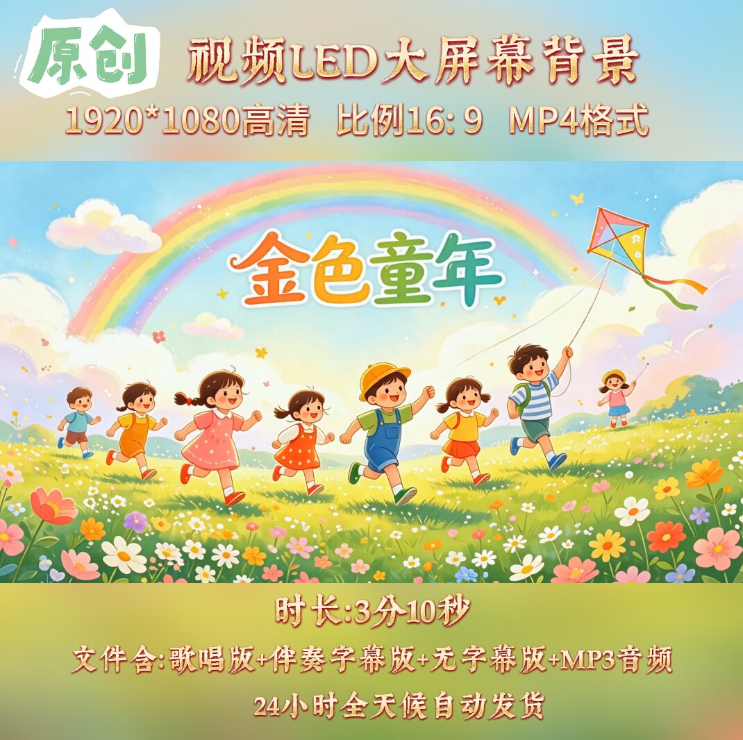 原创视频-金色童年 杨烁版儿童少儿歌曲伴奏舞台led高清背景视频