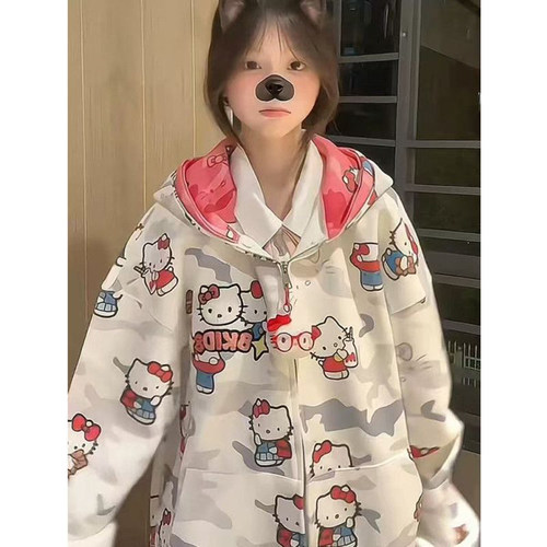 美式复古拉链连帽满印卫衣女秋冬宽松开衫Kitty猫气质休闲外套潮