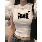 显瘦小众甜辣妹漏脐字母短款 美式 修身 白色T恤女夏装 上衣 正肩短袖