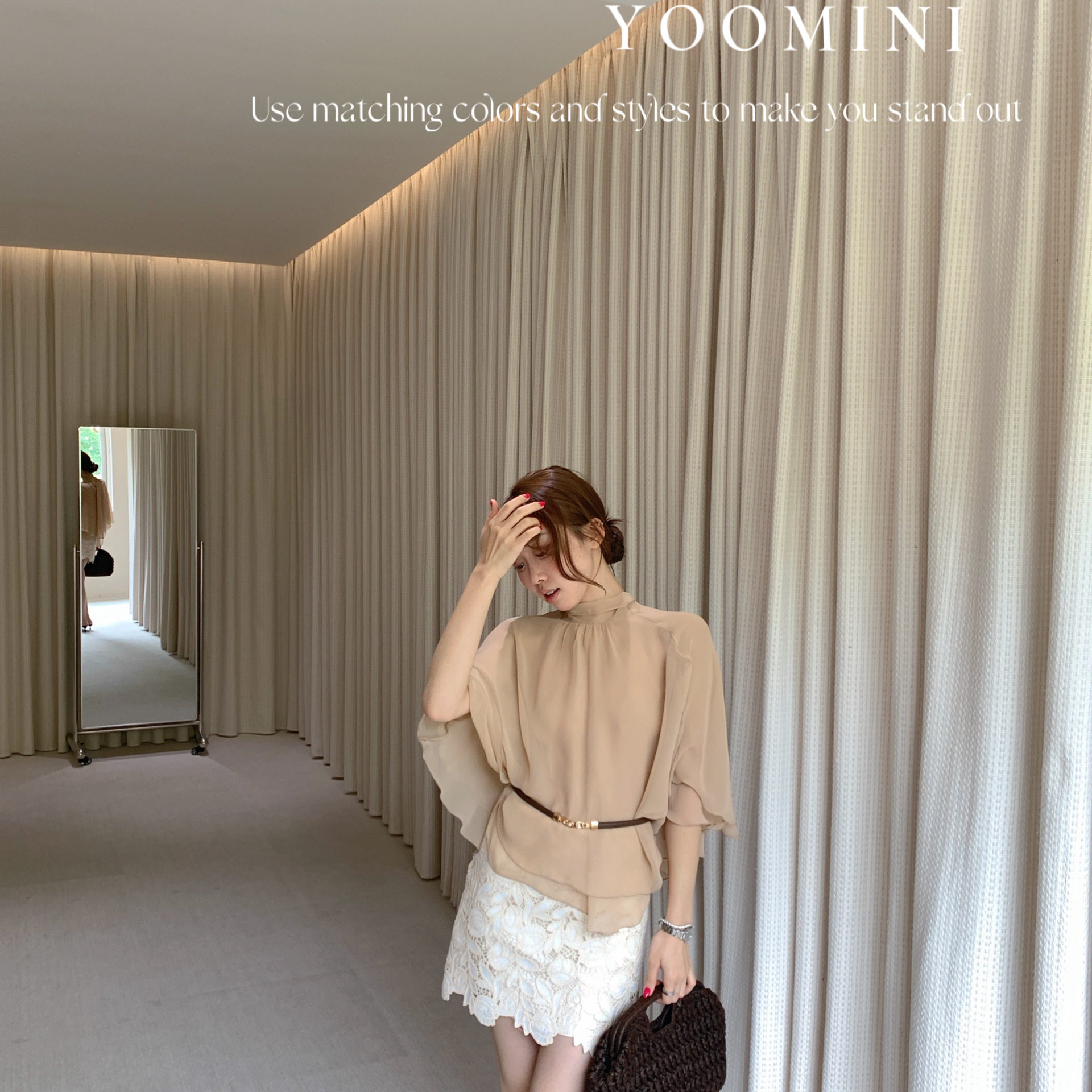 YOOMINI-藏在日常里的优雅浪漫素月斗篷·圆领雪纺层叠M60529-DSW