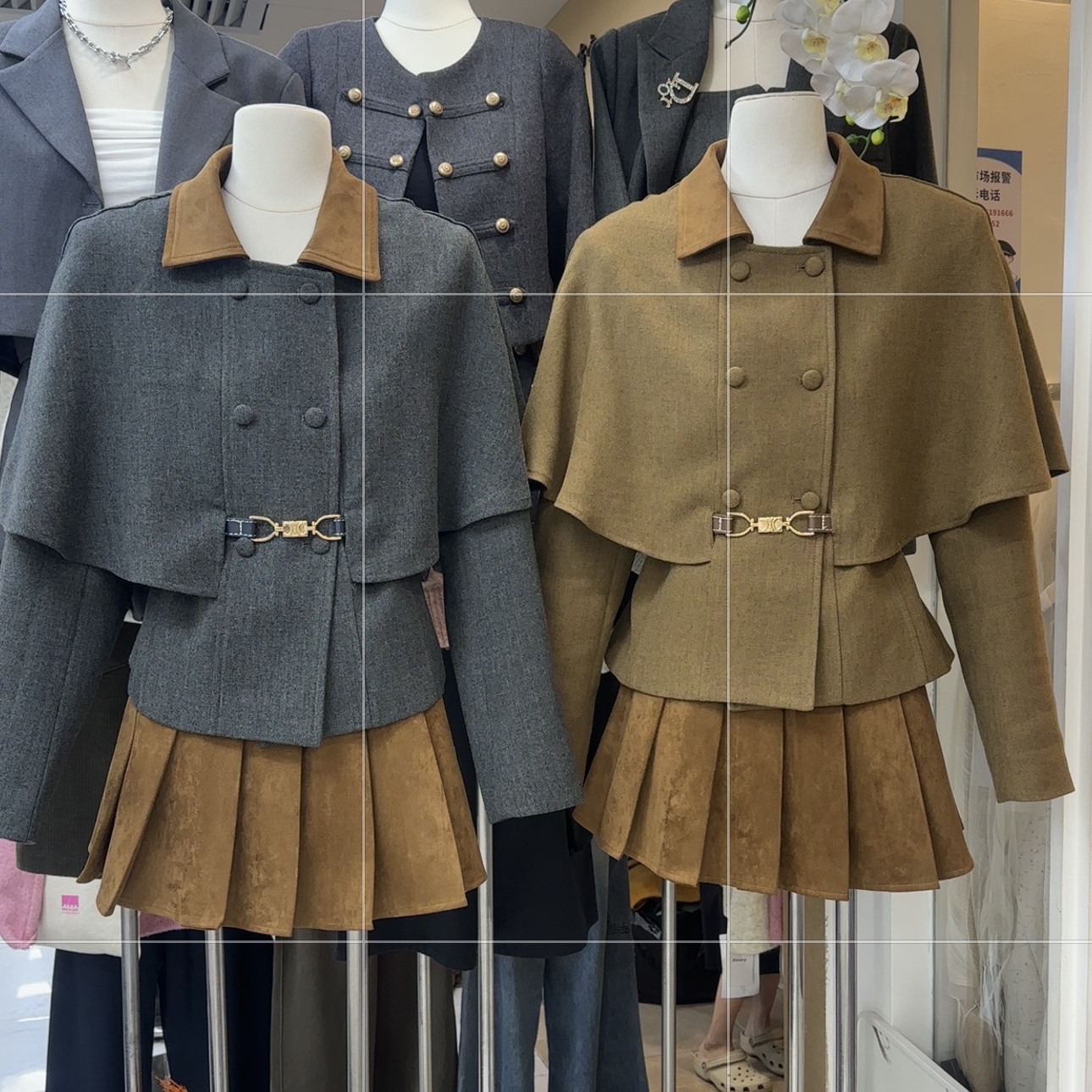 怡熙-秋上新复古斗篷短外套+百褶半身裙两件套套装(配腰带)(59007