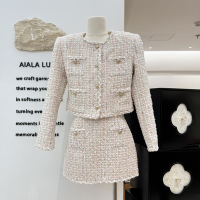 AIALA LUMENA-秋上新粉绒香叙粉白混色粗花呢圆领小香外套S20899