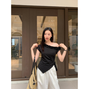 2025夏减龄甜美拼接木耳花边斜肩下摆不规则上13835 AIXILI爱西里