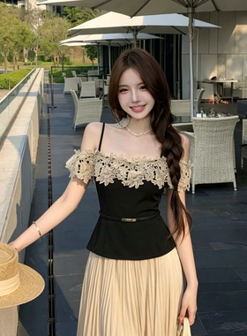 MEI ZI 美姿-法式温柔氛围感女神一字肩拼接蕾丝仙女上衣小衫5856