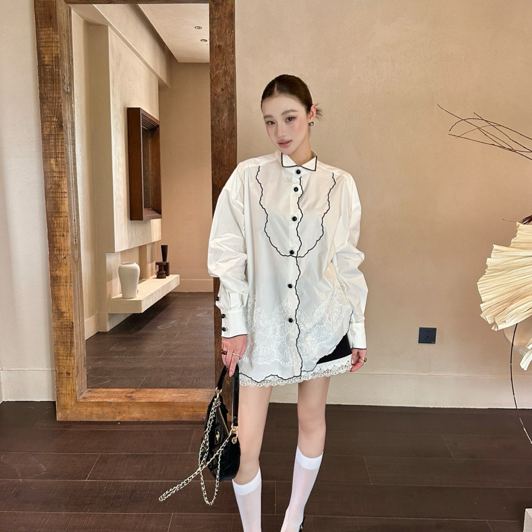 AIALA LUMENA-法式衬语法式撞色花边刺绣长款白衬衫蕾丝拼S21305