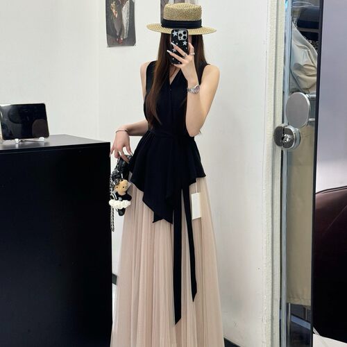 橘小如-26夏上新纯欲风高级感温柔气质无袖小衫+松紧腰网纱F5186