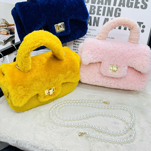 2024新真羊毛皮毛一体单肩包小凯莉皮草包包女珍珠链条斜挎手提包