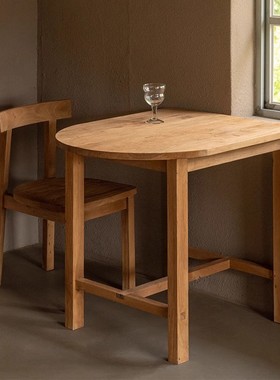 复古实木餐桌半圆靠墙家用吃饭桌子中古风原木岛台榆木书桌